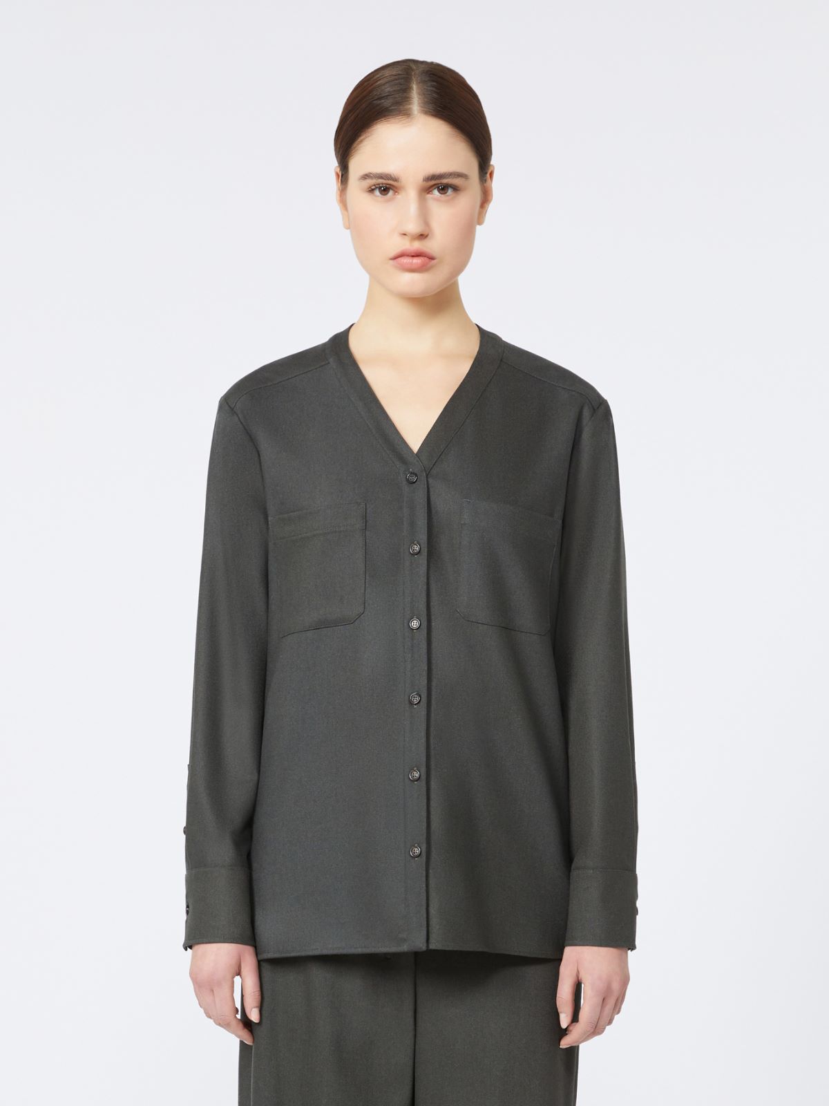 Wool flannel V-neck shirt - DARK GREEN - Max Mara - 2