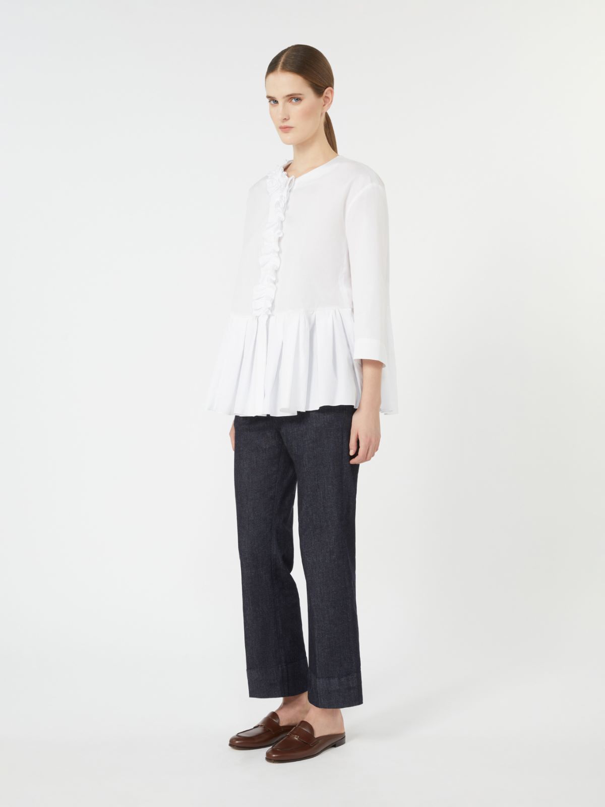 Flounce-detail washed cotton shirt - OPTICAL WHITE - Max Mara