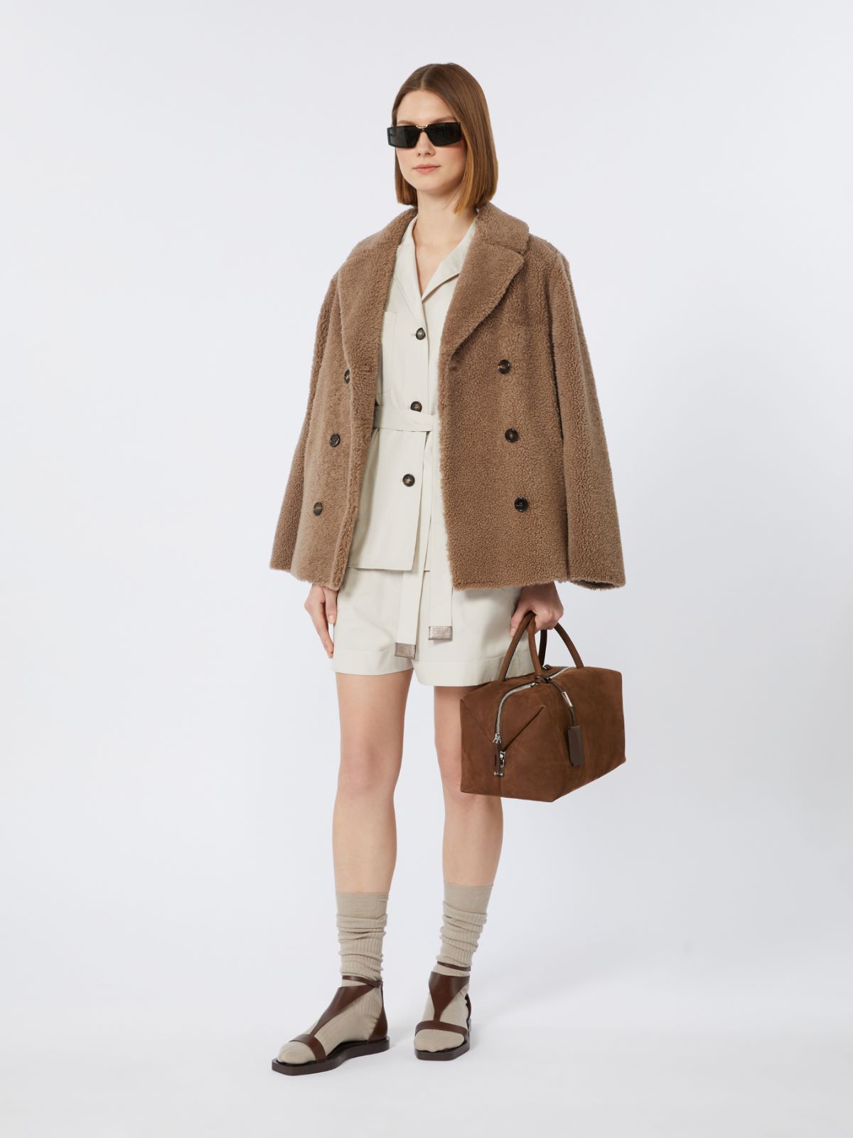 Curly sheepskin pea coat - CAMEL - Max Mara
