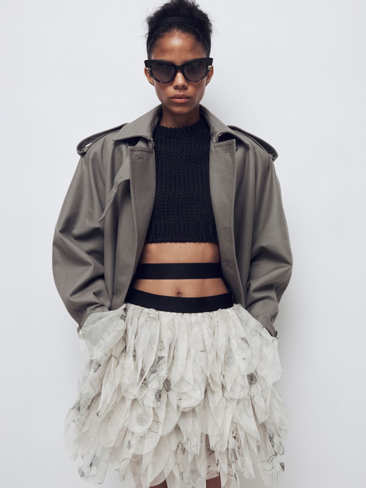 Short skirt with petals in printed organza + PEARL GREY - Max Mara