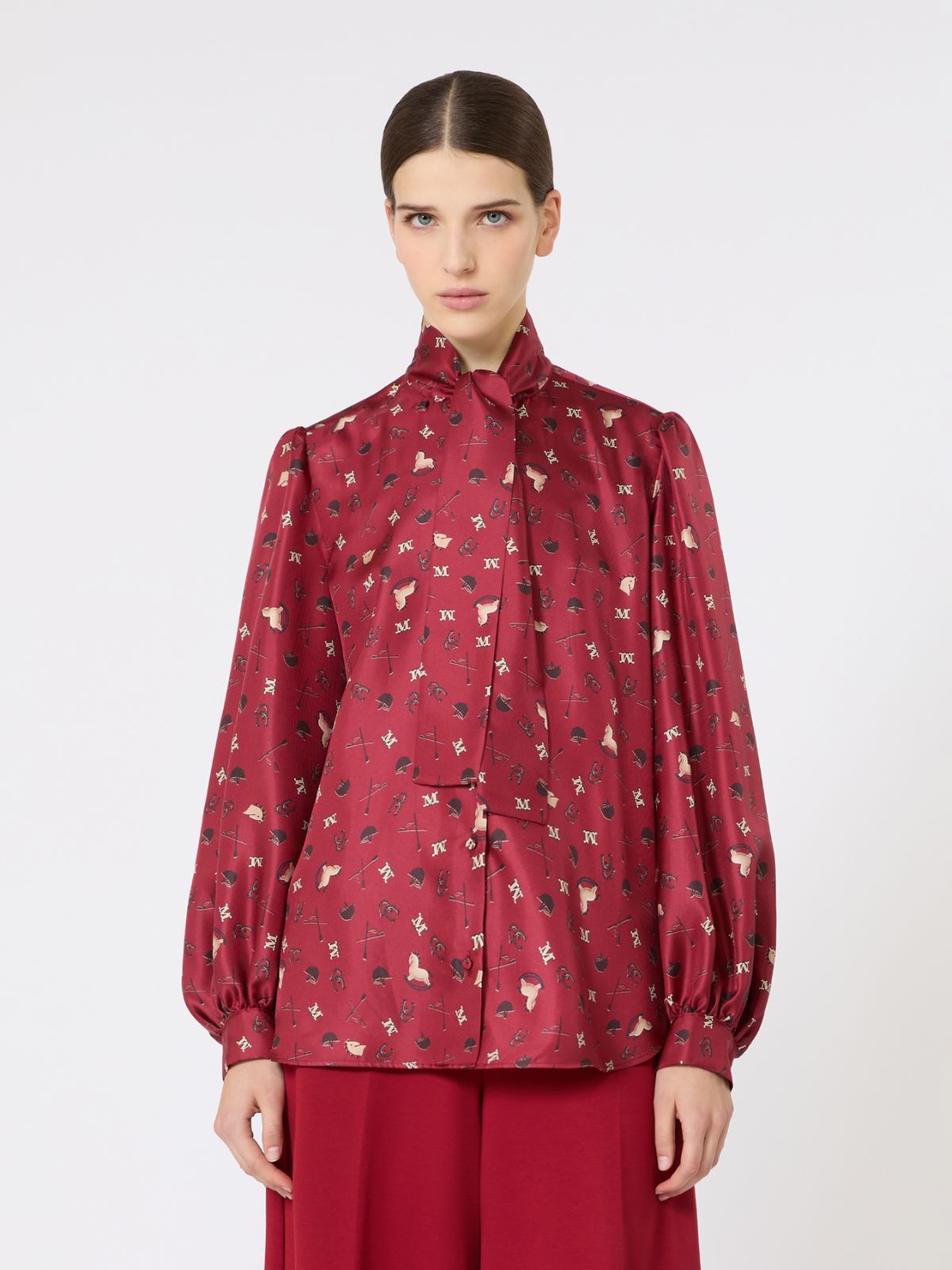 Printed silk pussy-bow shirt - RED - Max Mara - 6