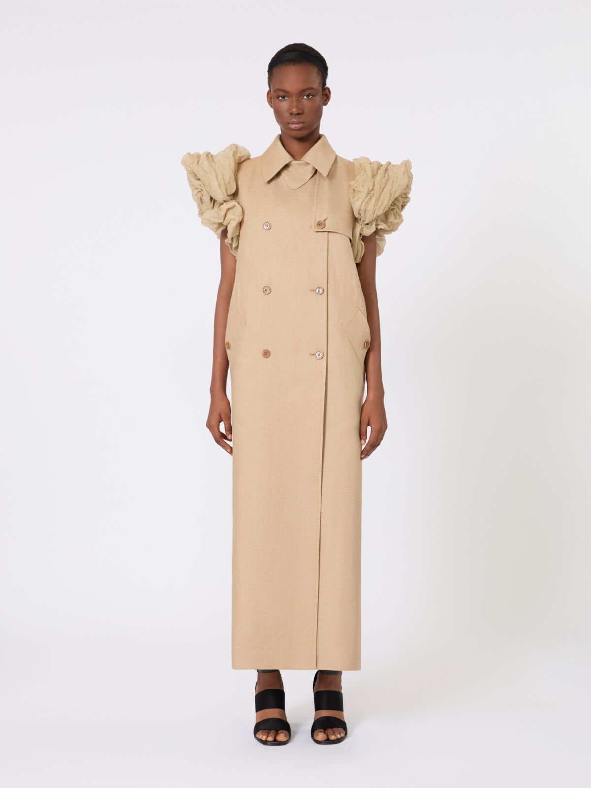 Trench smanicato in stuoia di lino con rouches - CAMMELLO - Max Mara - 2