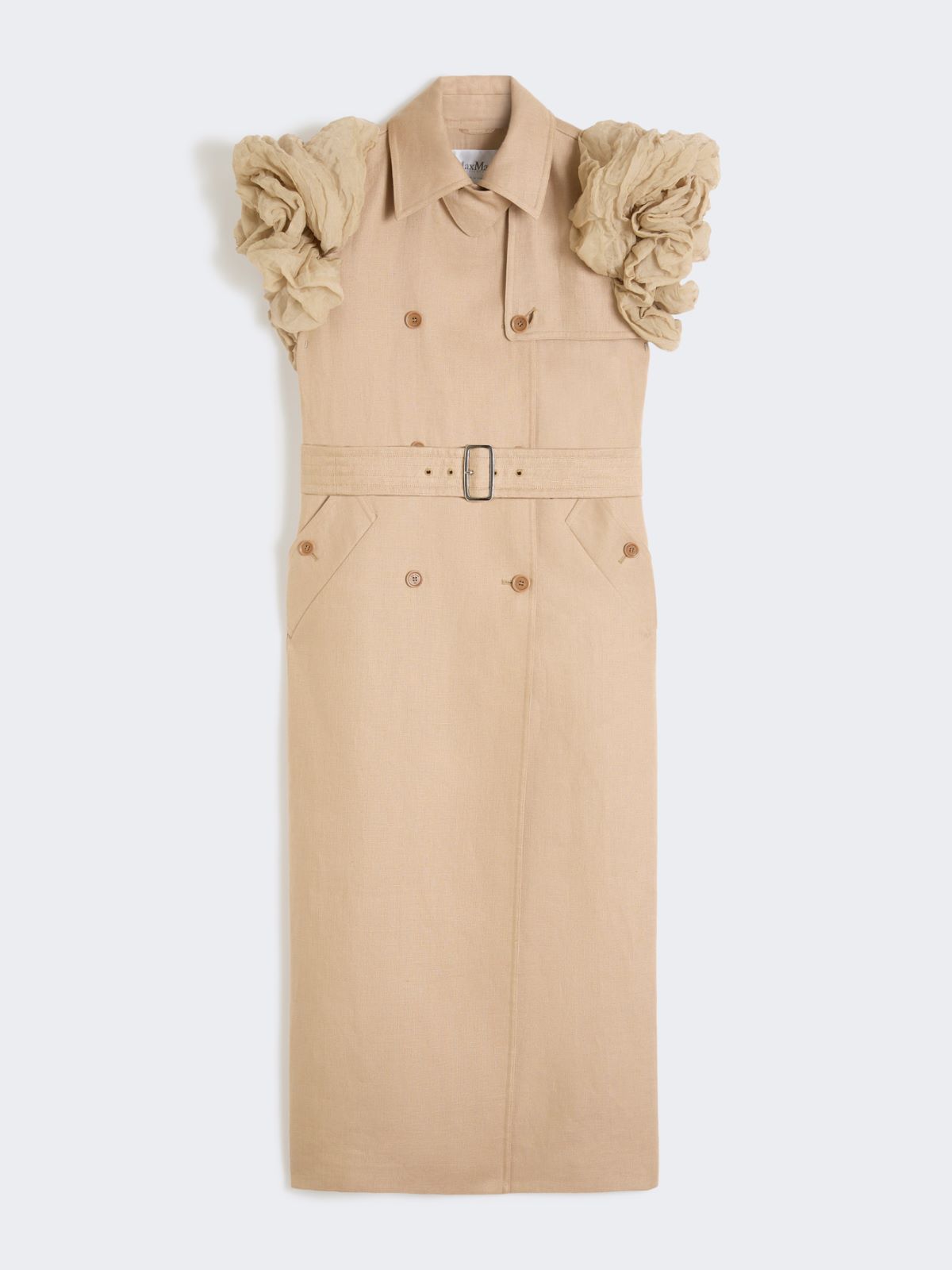 Trench smanicato in stuoia di lino con rouches - CAMMELLO - Max Mara - 6