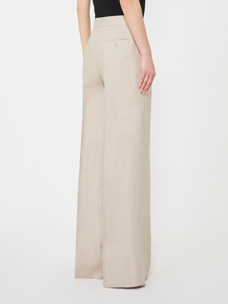 Szerokie spodnie z lnianego splotu panamowego - PIASKOWY - 3