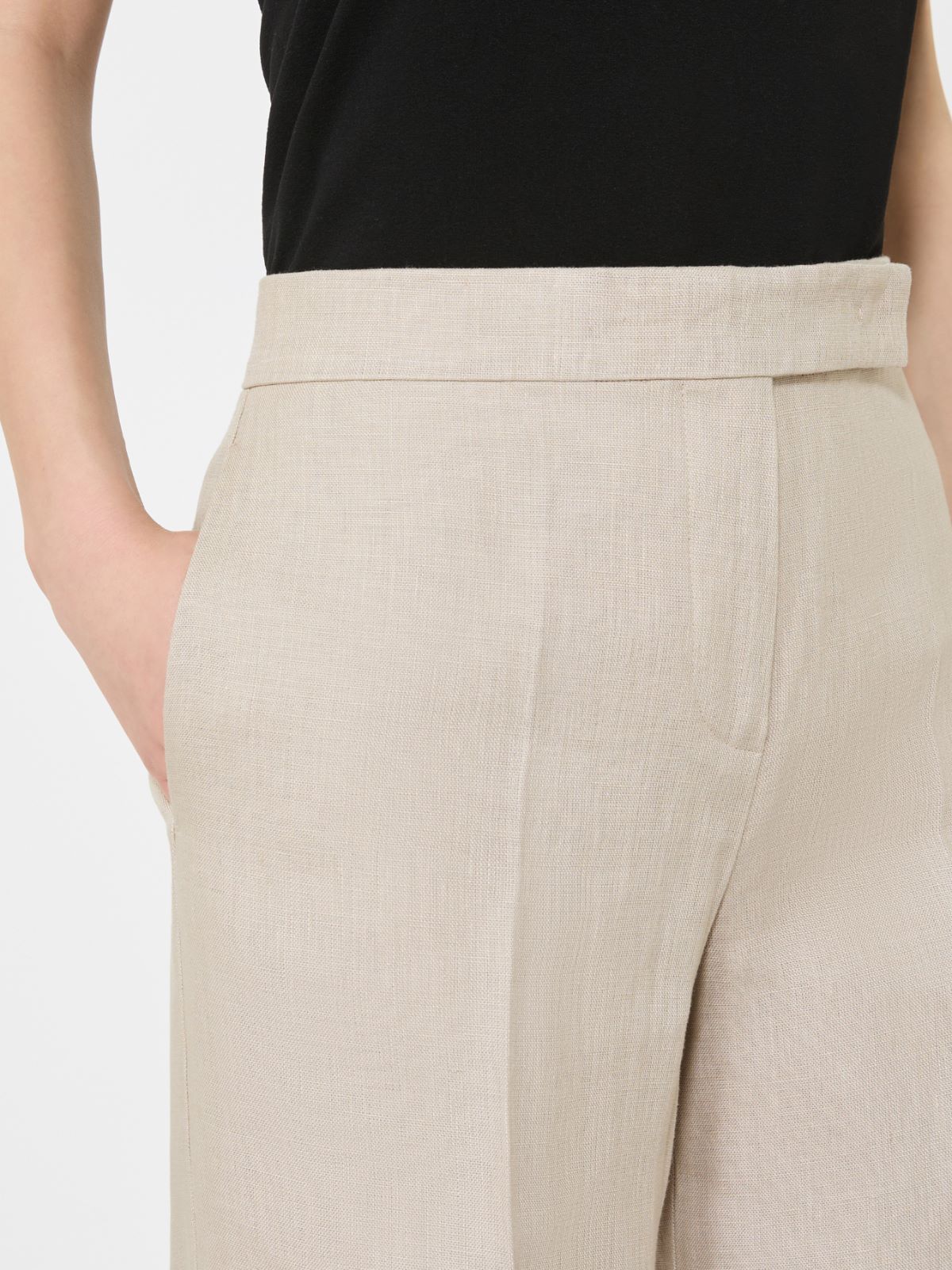 Szerokie spodnie z lnianego splotu panamowego - PIASKOWY - 4