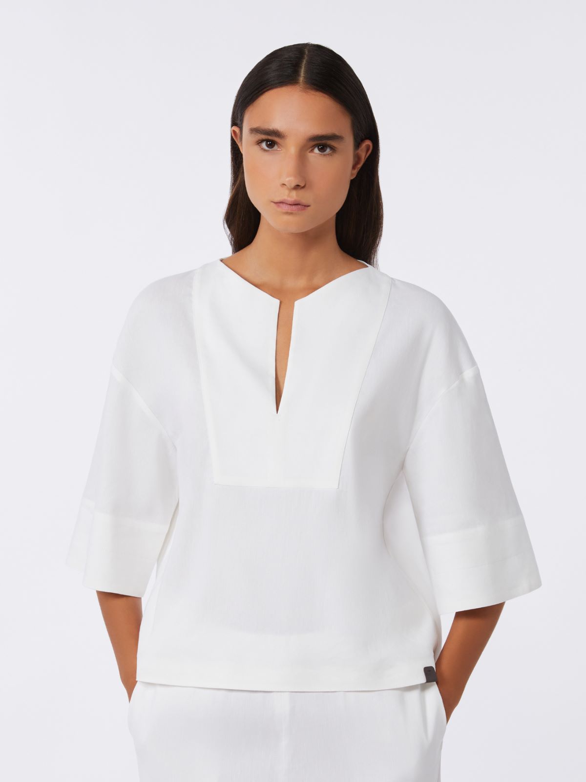 Linen and viscose canvas blouse - OPTICAL WHITE - 2
