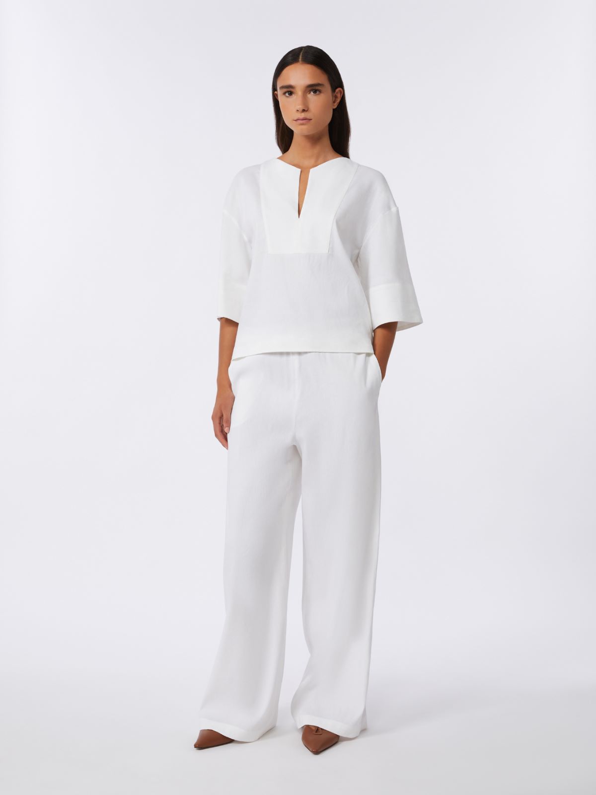 Linen and viscose canvas blouse - OPTICAL WHITE