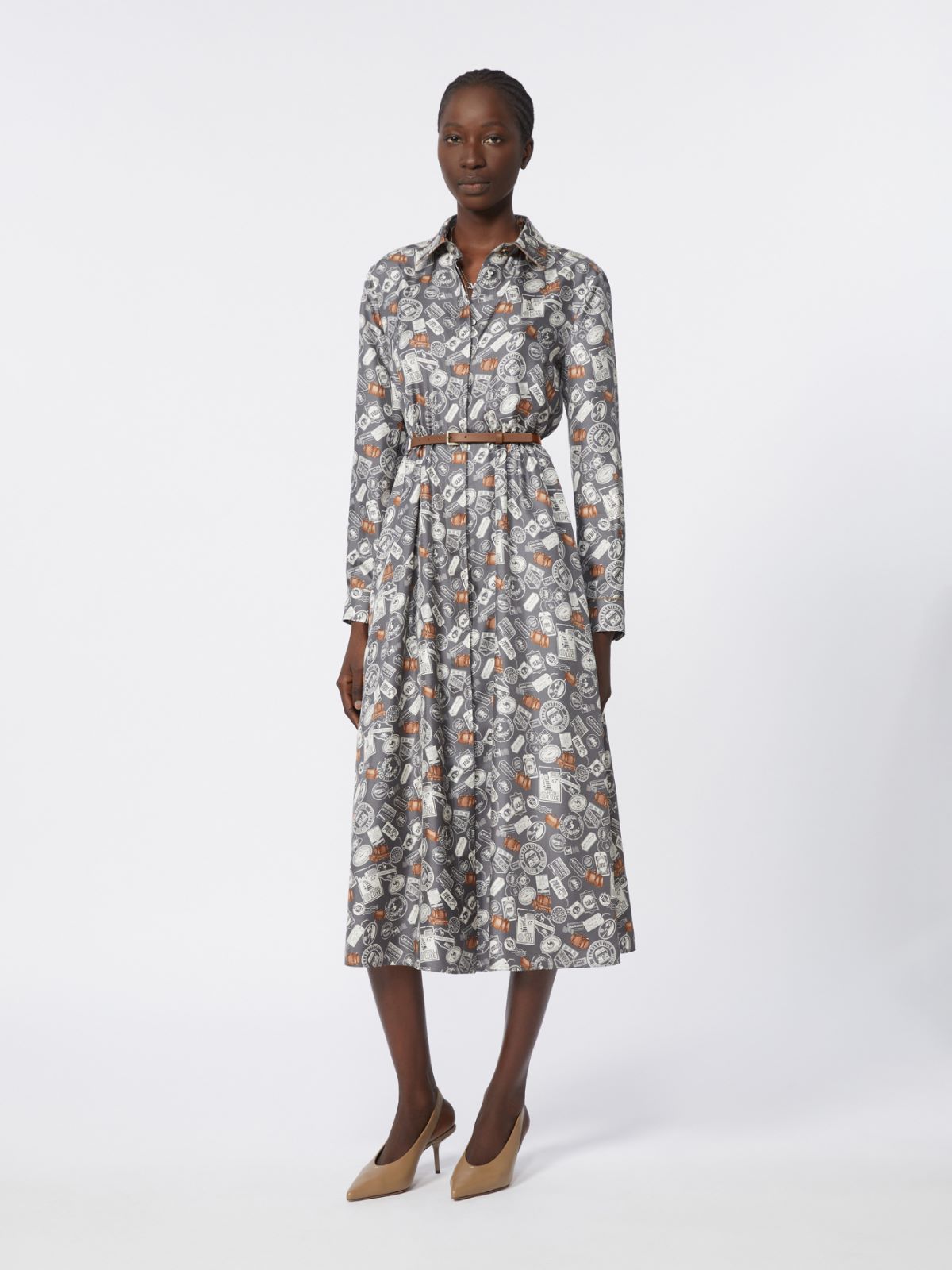 [ファッリア] ピュア シルク ツイル プリント シャツ ドレス - MEDIUM GREY - Max Mara