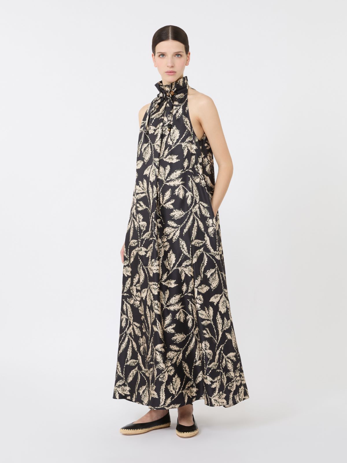 Printed silk twill dress - BLACK
