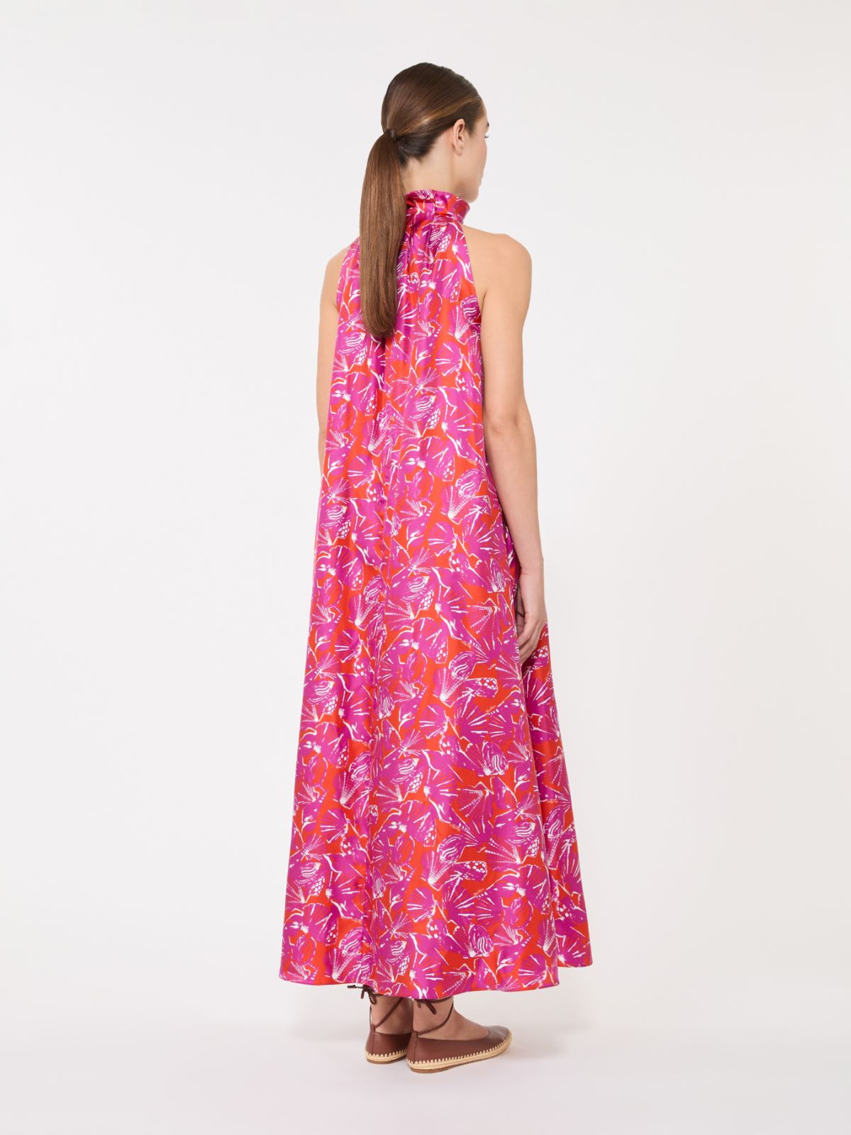 Printed silk twill dress - CORAL - 3