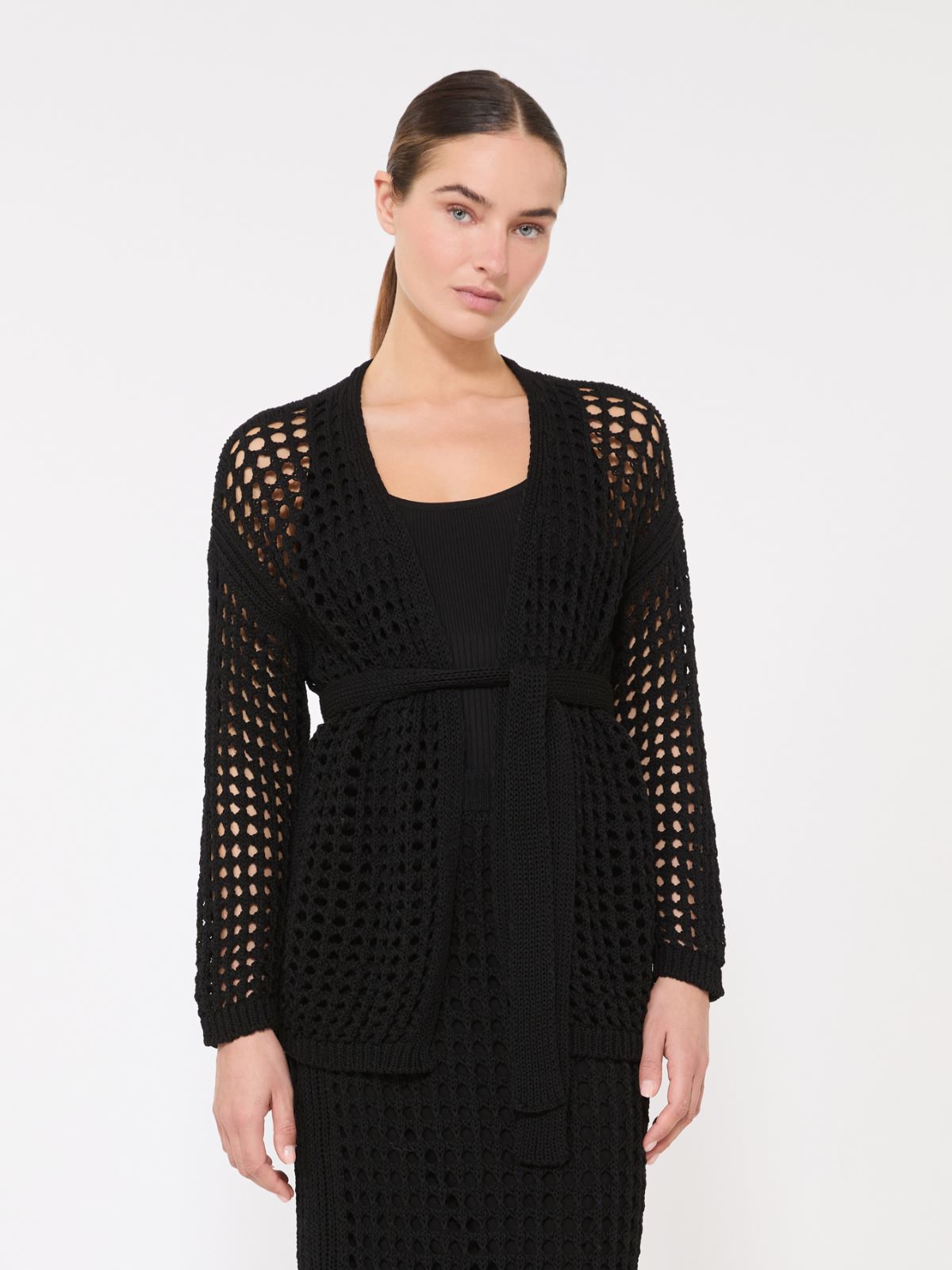 Mesh cotton cardigan - BLACK - 2