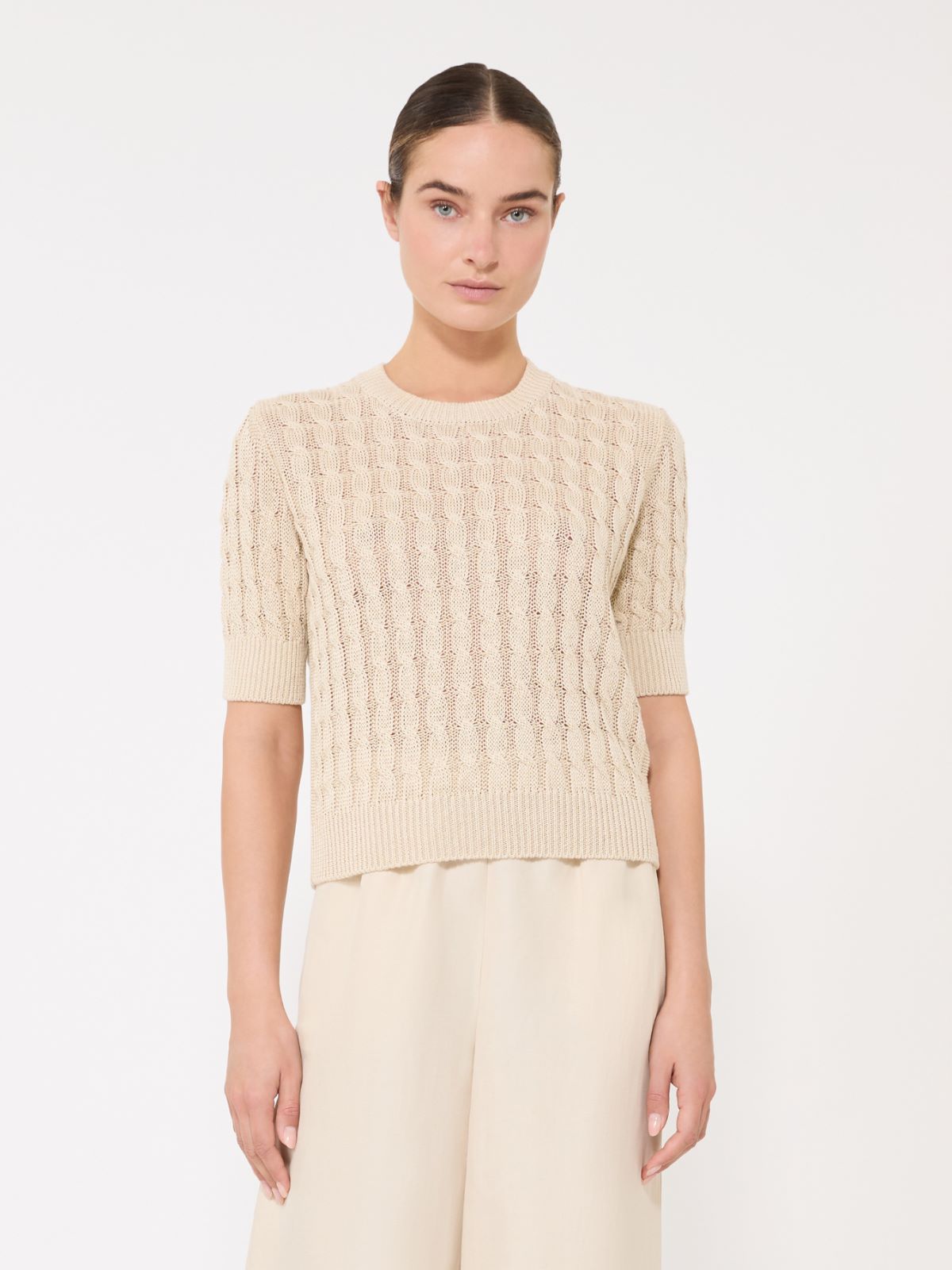 Pullover aus Leinen mit Zopfmuster - BEIGE - 2