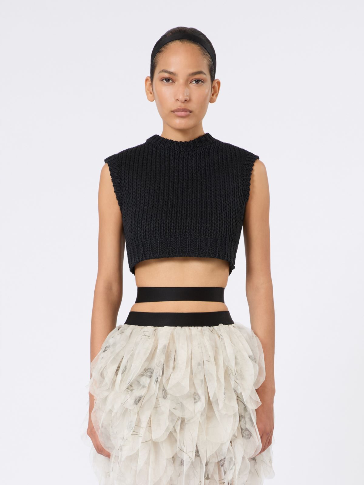 Sleeveless cropped jumper in smooth cotton - BLACK - Max Mara - 2