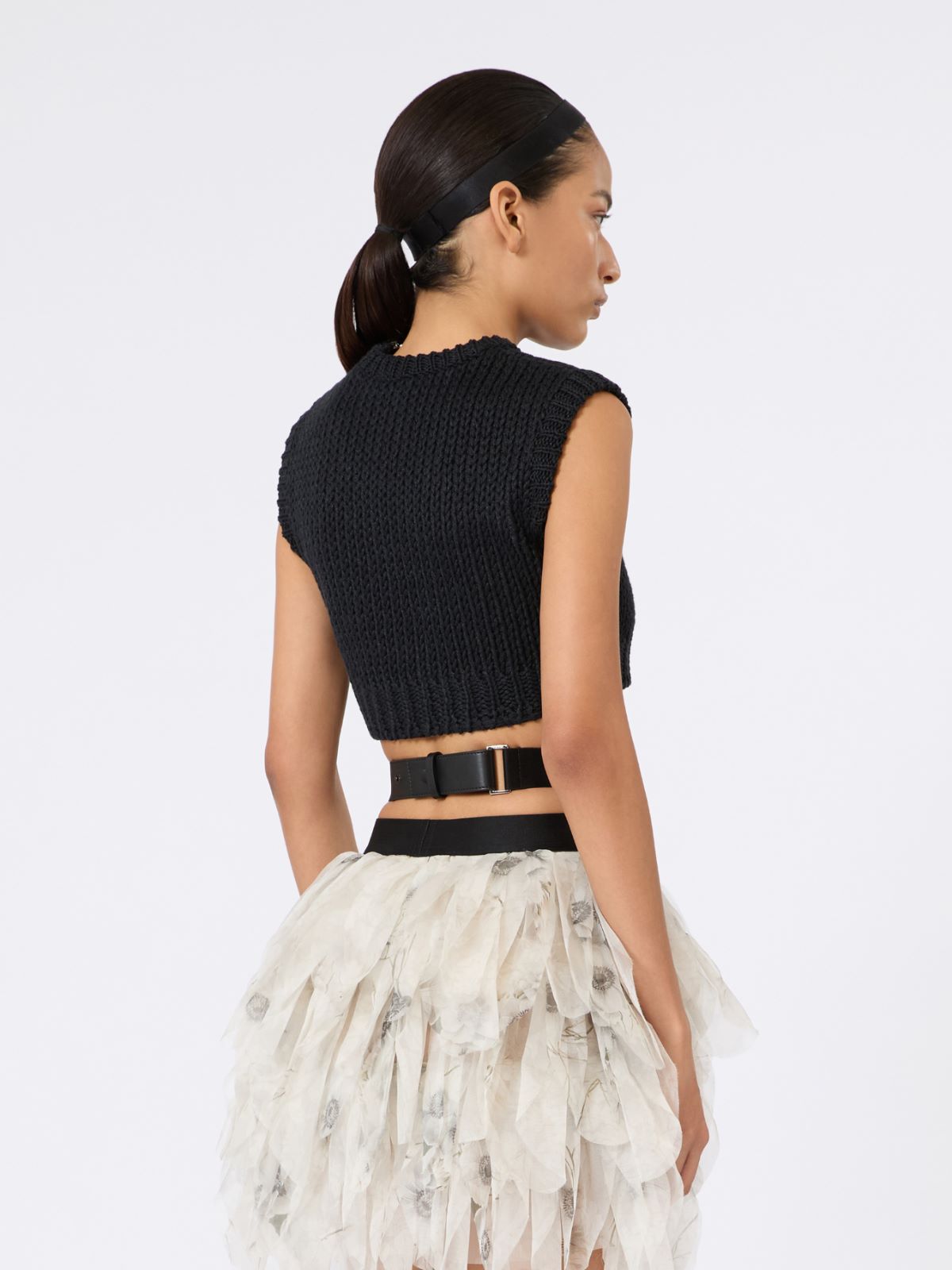 Sleeveless cropped jumper in smooth cotton - BLACK - Max Mara - 3