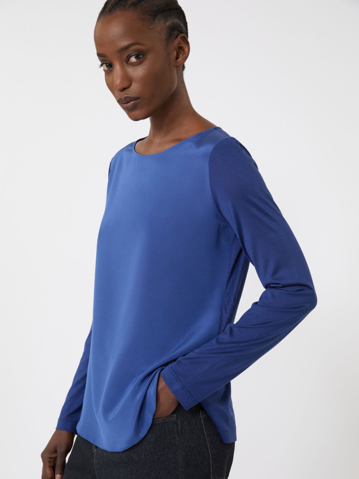 Silk crêpe de Chine and jersey T-shirt - CORNFLOWER BLUE - Max Mara - 5