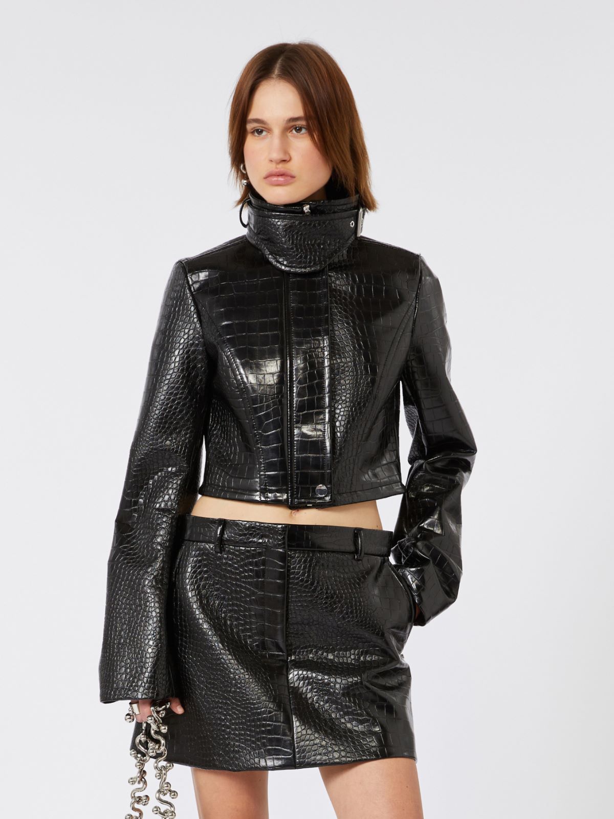 Patent leather cropped jacket with alligator print - BLACK - Max Mara - 6