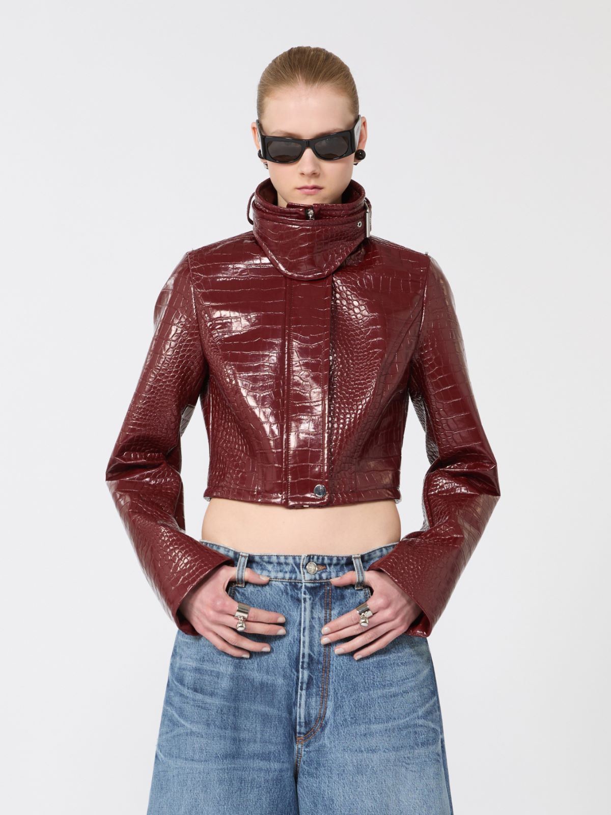 Patent leather cropped jacket with alligator print - DARK RED - Max Mara - 6