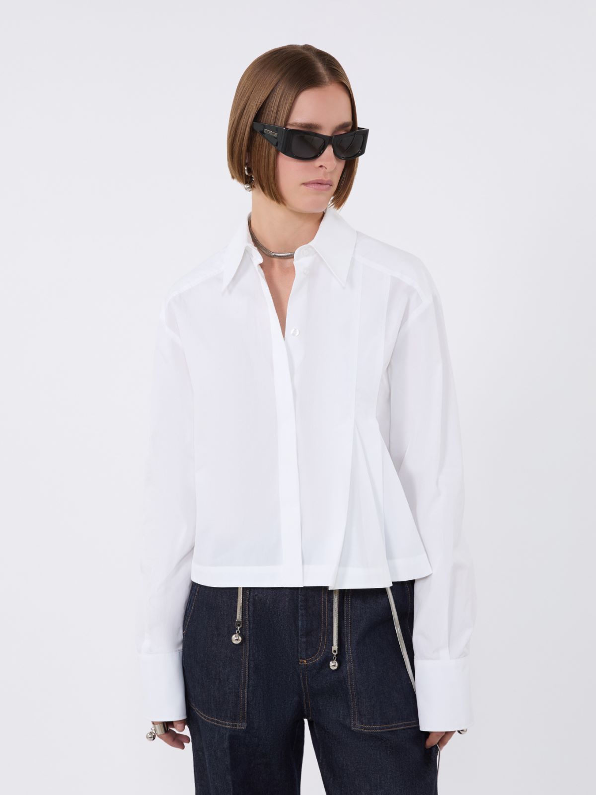 Cropped poplin shirt with asymmetrical pleats - OPTICAL WHITE - Max Mara - 6