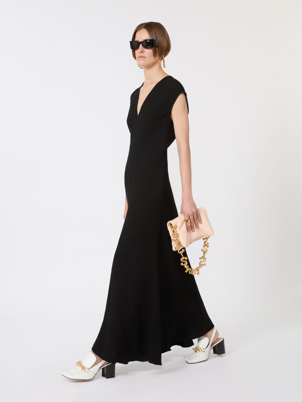 Long dress with V-neck in canneté - BLACK - Max Mara