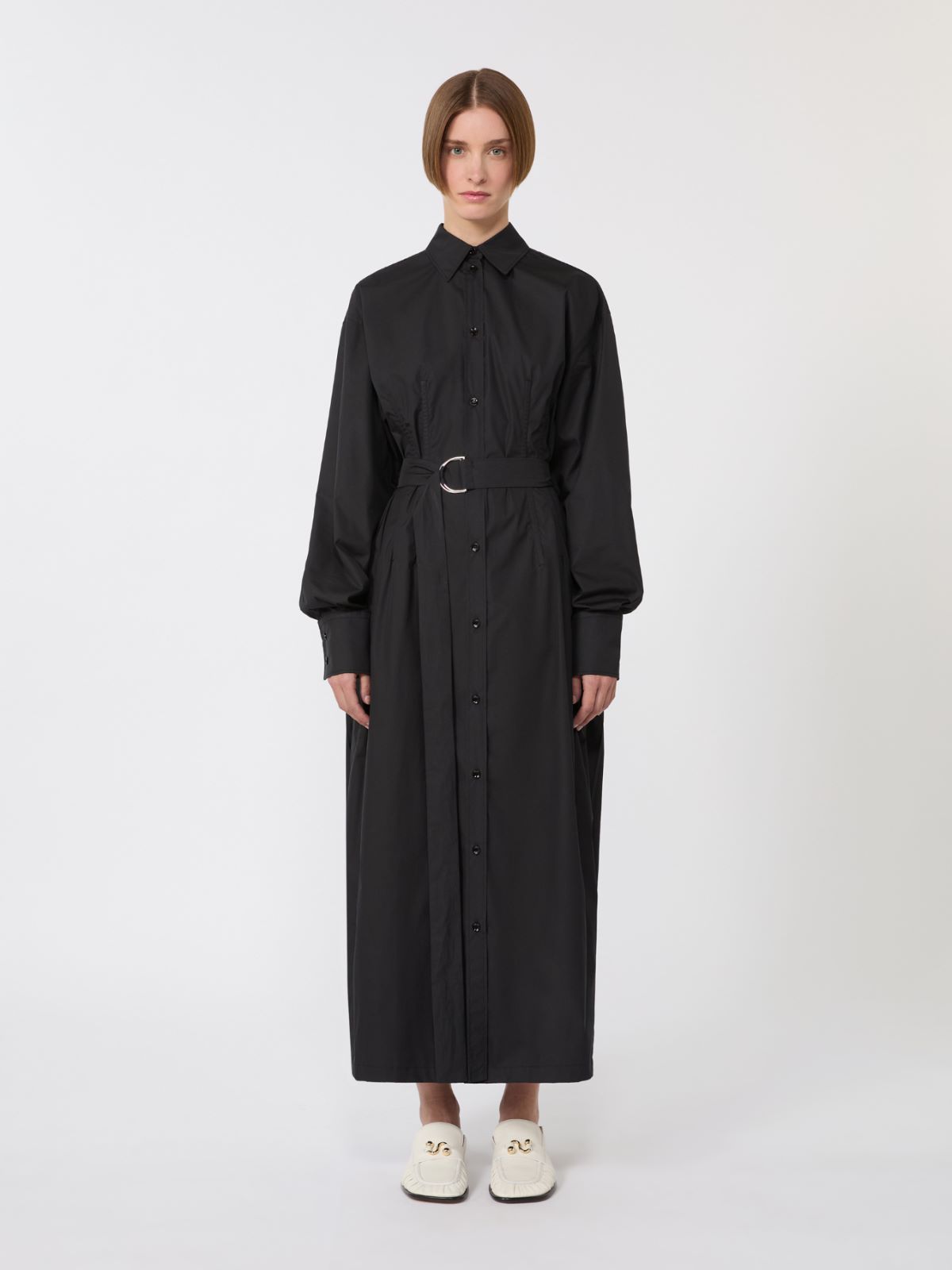 Cotton shirt dress with pleated insert - BLACK - Max Mara - 5