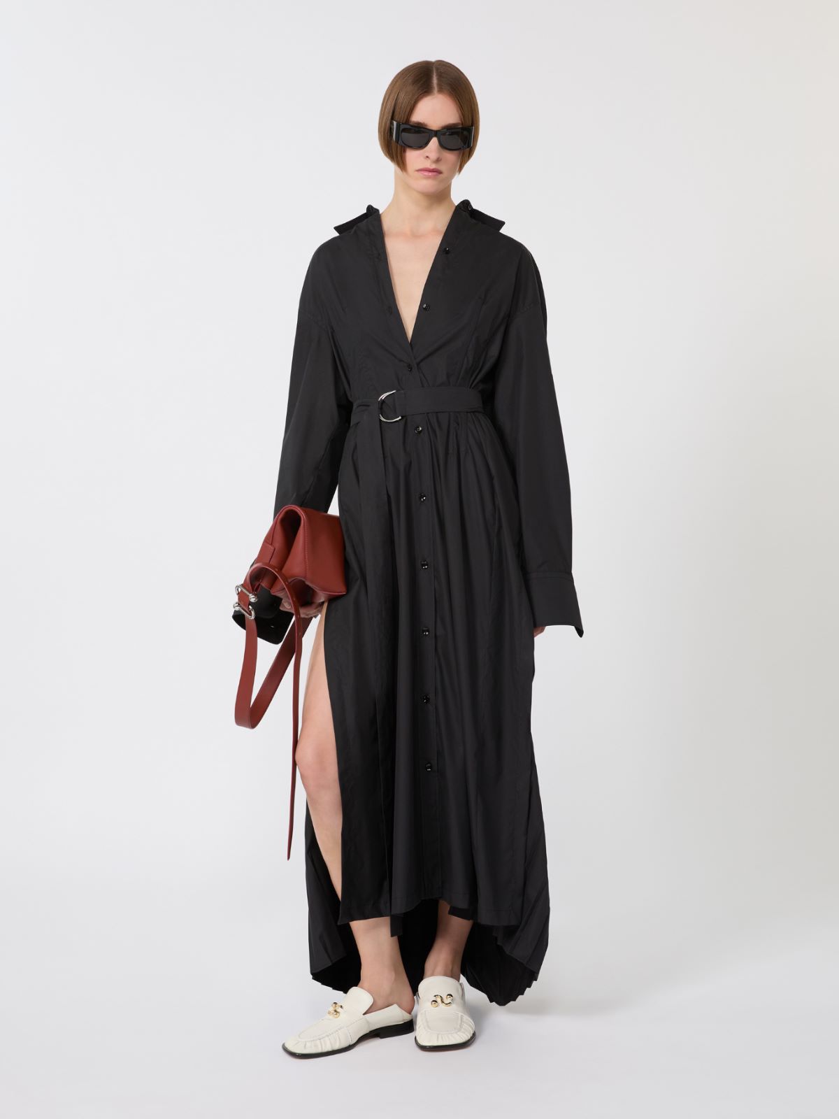 Cotton shirt dress with pleated insert - BLACK - Max Mara - 5