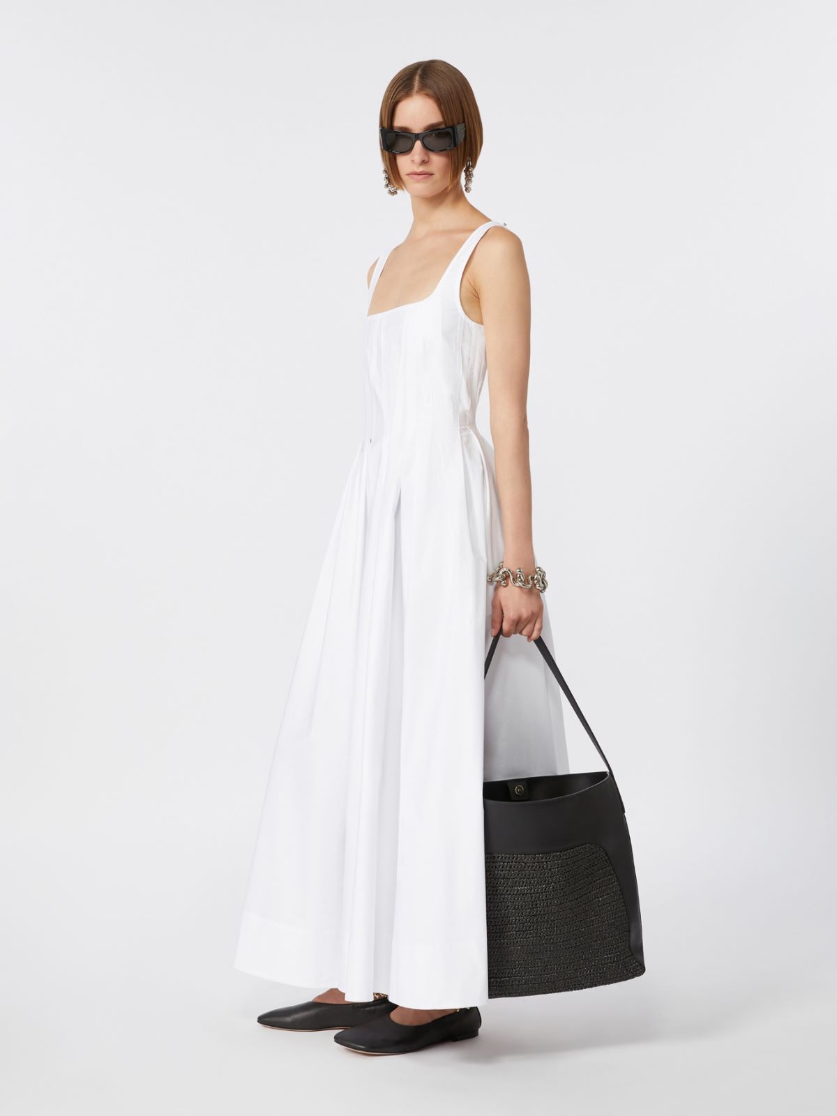 Long sleeveless pure cotton dress + OPTICAL WHITE - Max Mara