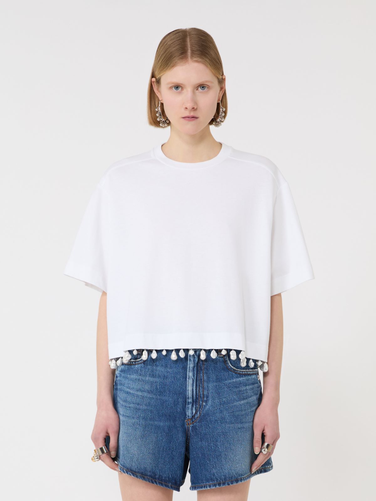 Pearl-embroidered cropped T-shirt - OPTICAL WHITE - 2