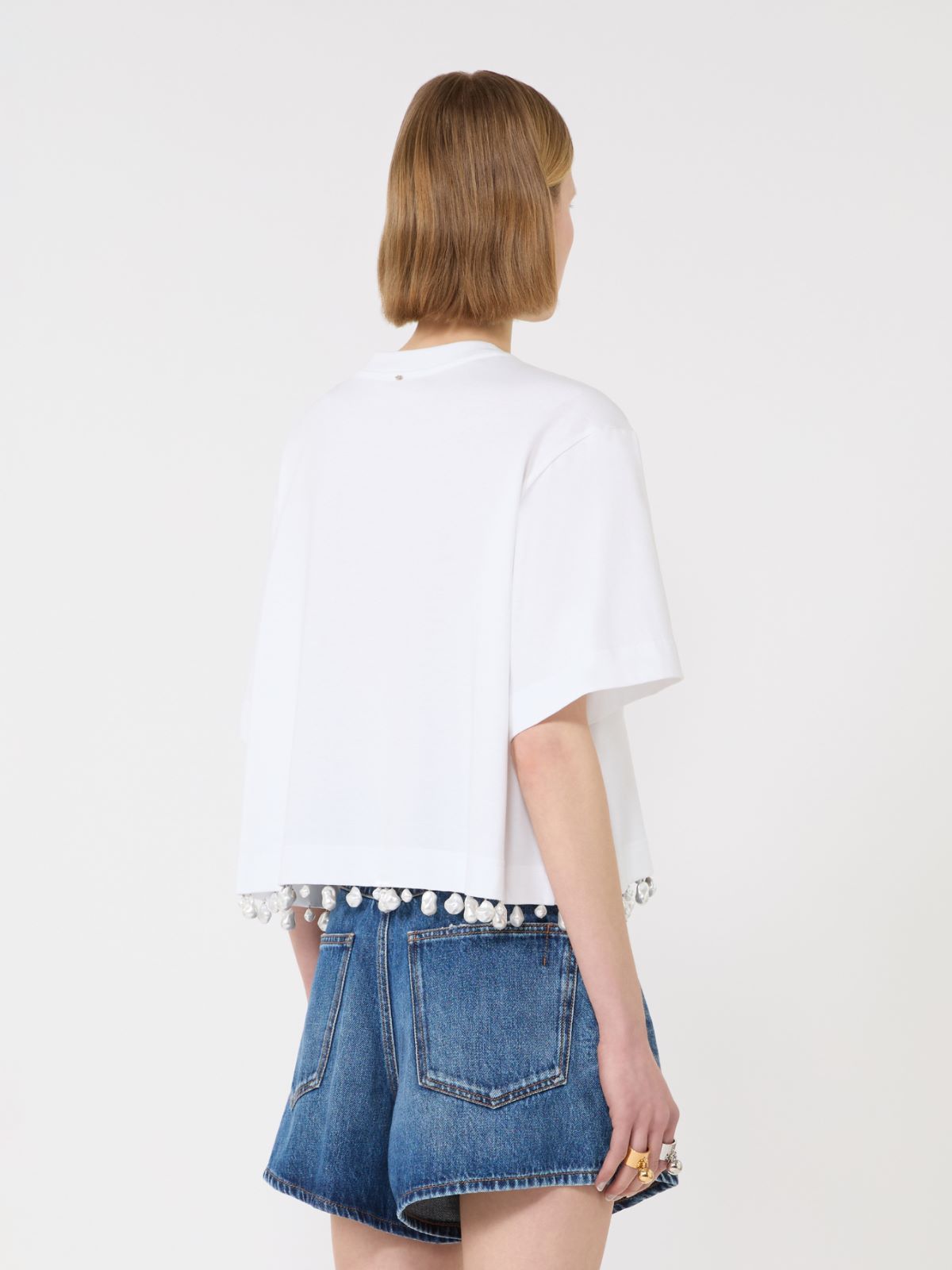 Pearl-embroidered cropped T-shirt - OPTICAL WHITE - 3