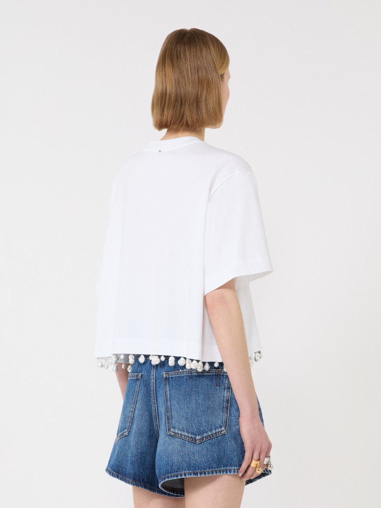 Pearl-embroidered cropped T-shirt - OPTICAL WHITE - 3
