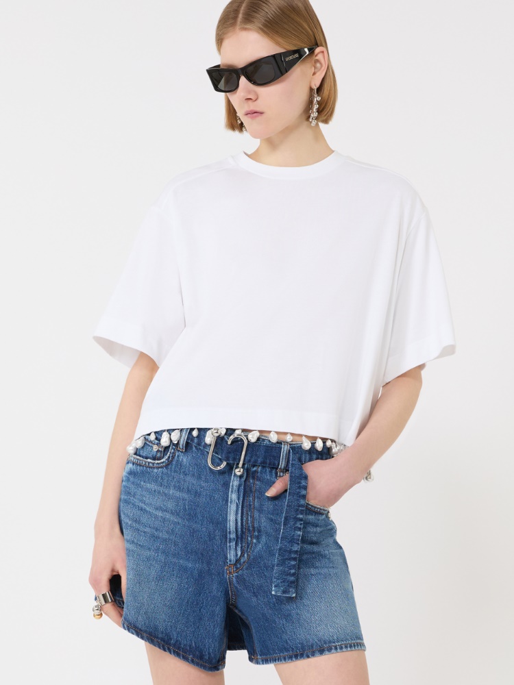 Pearl-embroidered cropped T-shirt - OPTICAL WHITE - 4