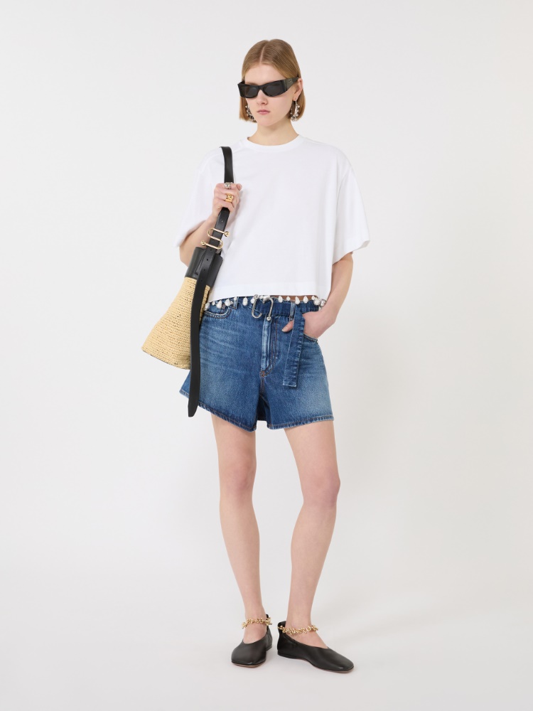 Pearl-embroidered cropped T-shirt - OPTICAL WHITE