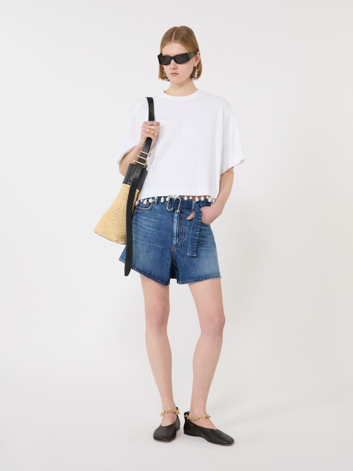 Pearl-embroidered cropped T-shirt - OPTICAL WHITE