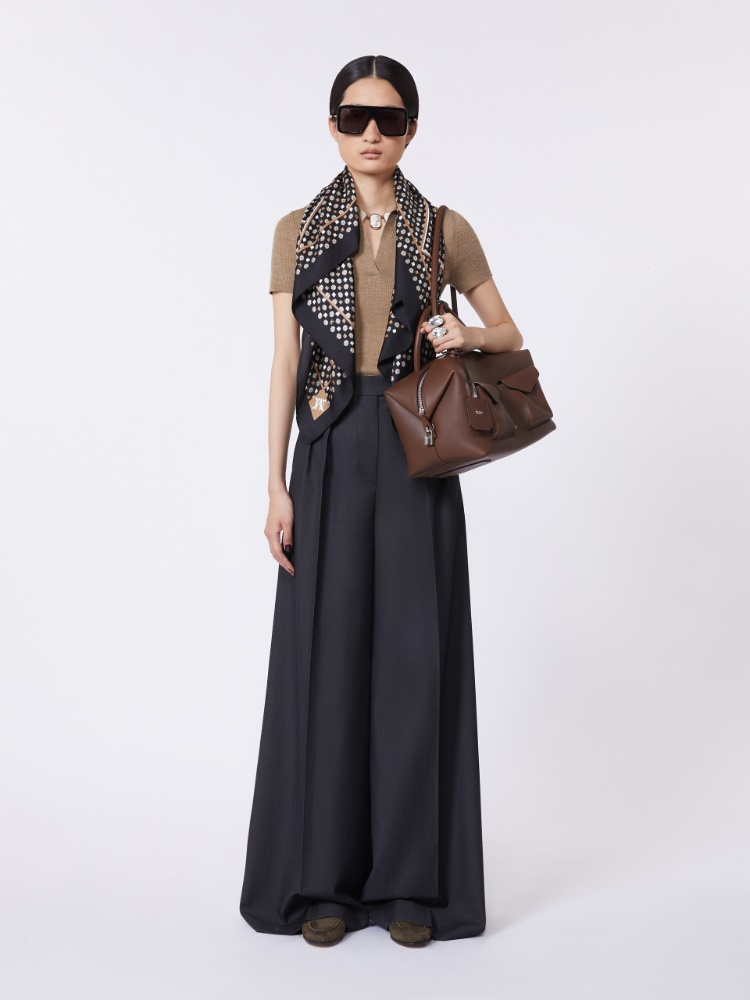 Large leather Boston bag with pockets + BROWN - Max Mara