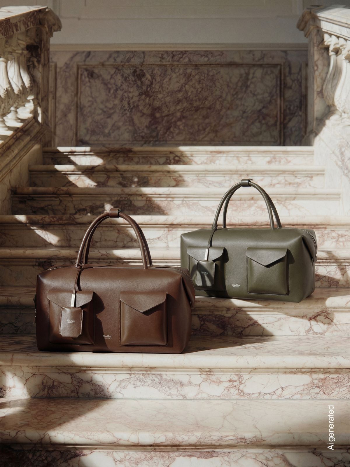 Large leather Boston bag with pockets - BROWN - Max Mara