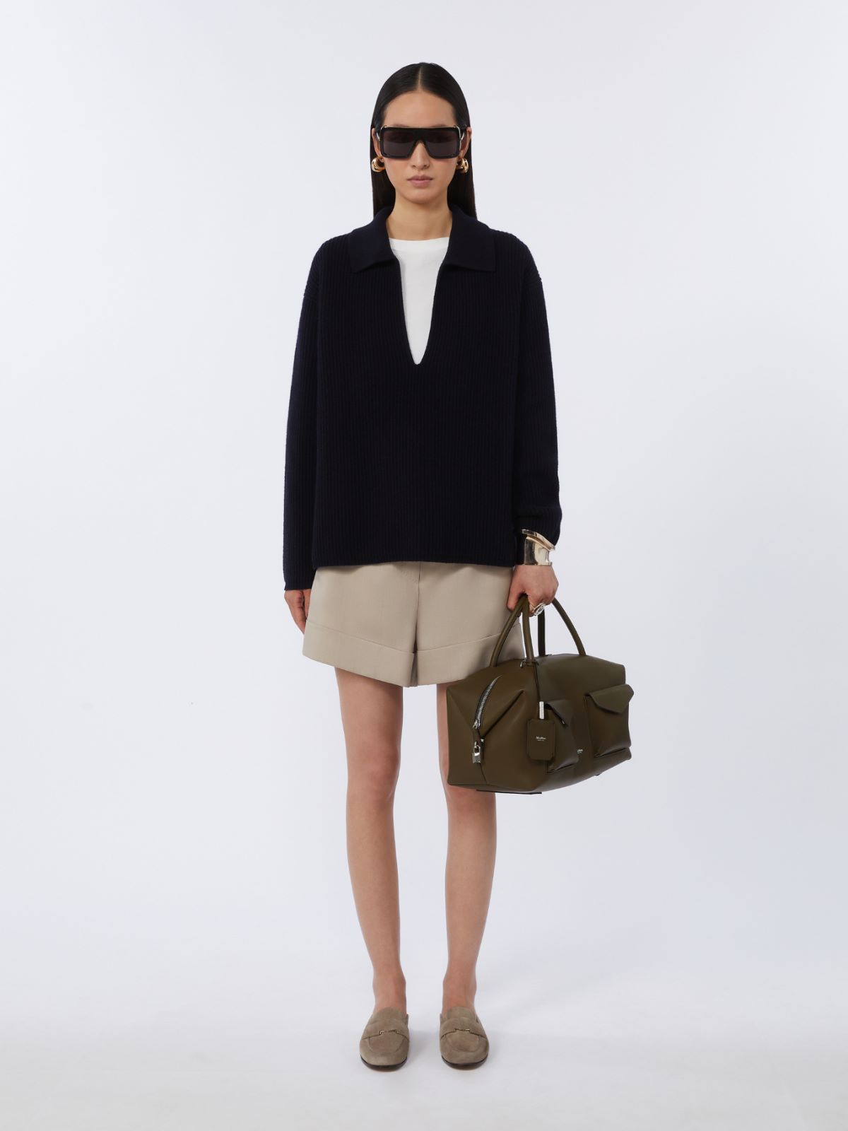 Large leather Boston bag with pockets - DARK BROWN - Max Mara - 6