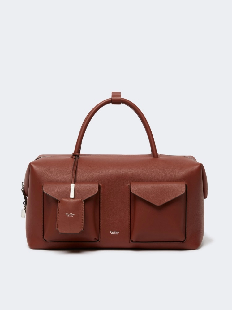 Large leather Boston bag with pockets - RUST
