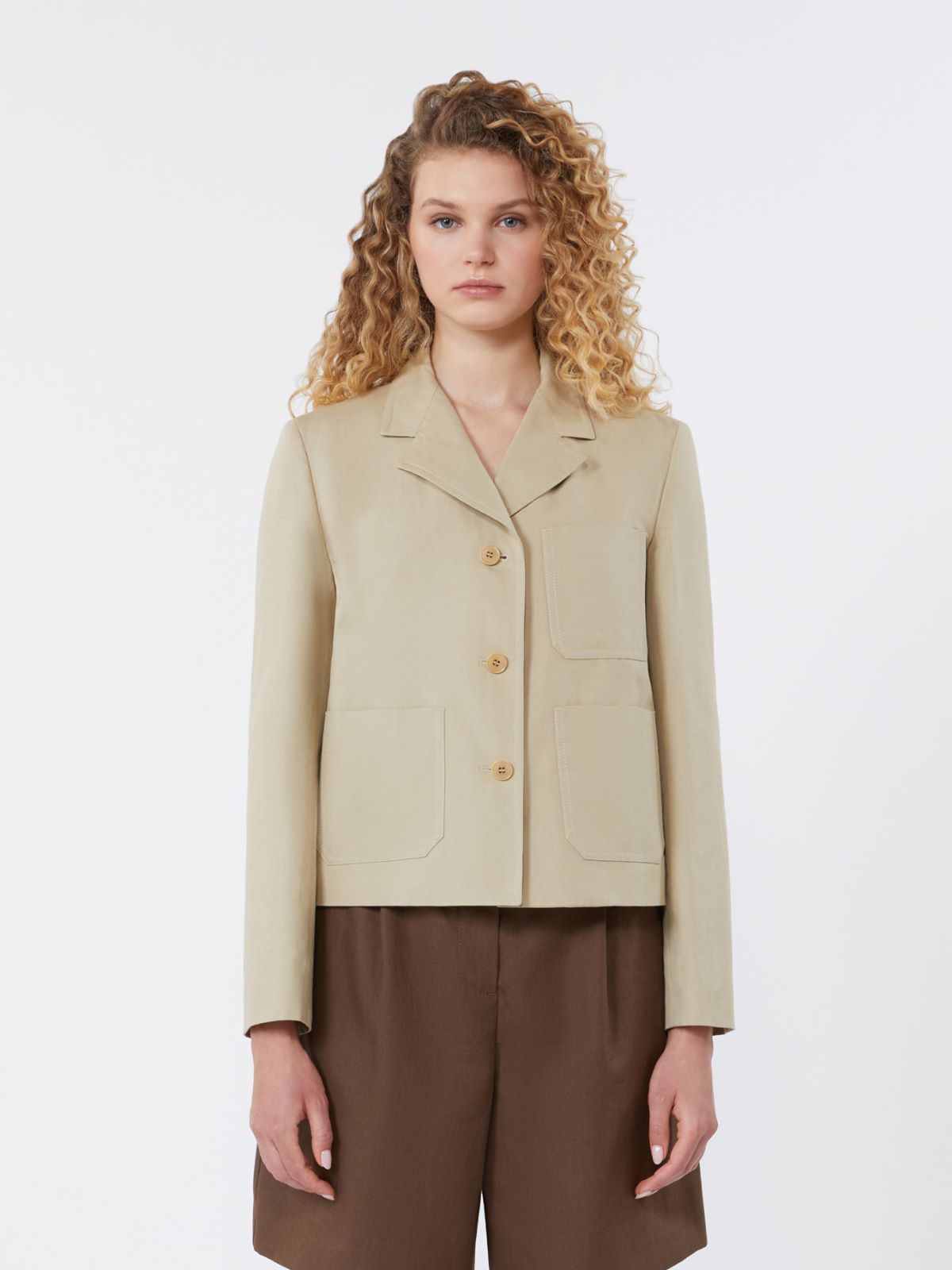 Jednorzędowa kurtka z płótna bawełniano-lnianego - PIASKOWY - 2