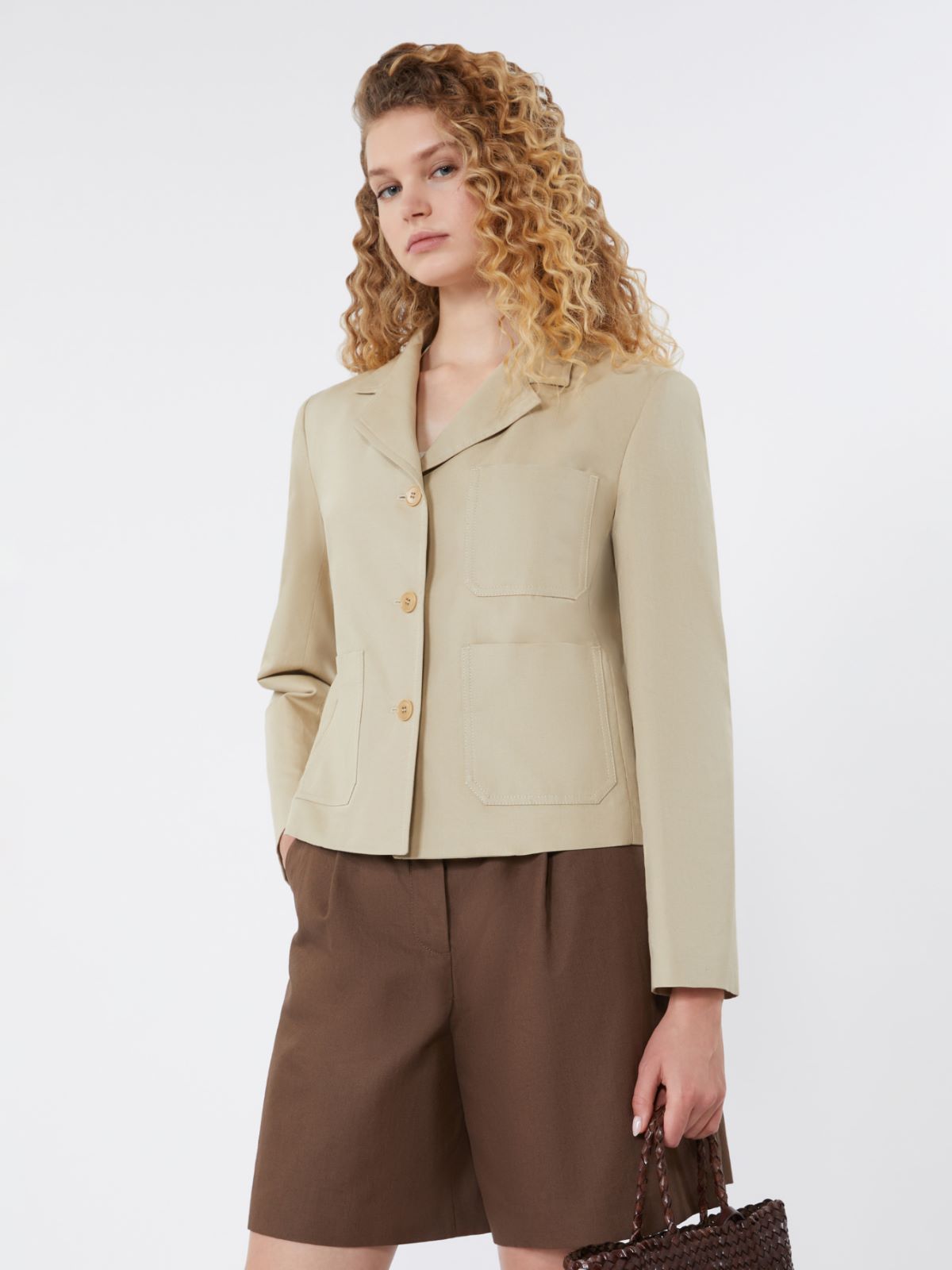 Jednorzędowa kurtka z płótna bawełniano-lnianego - PIASKOWY - 4