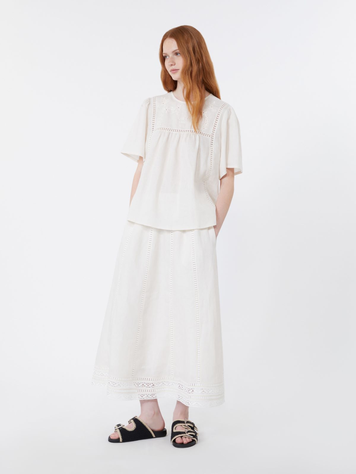 Linen skirt with à jour embroidery - ECRU - Max Mara
