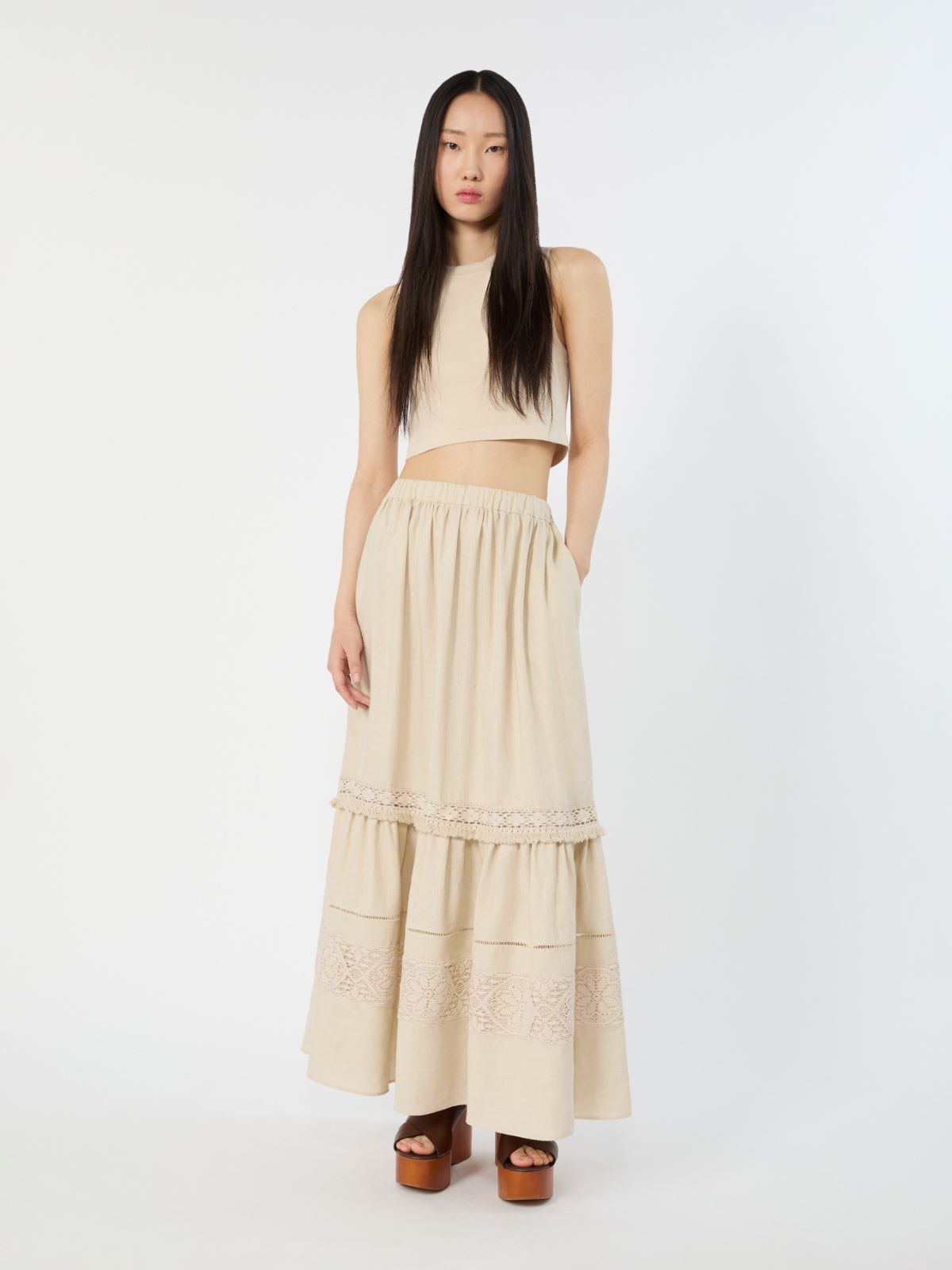 - Long linen fabric skirt + SAND - Max Mara