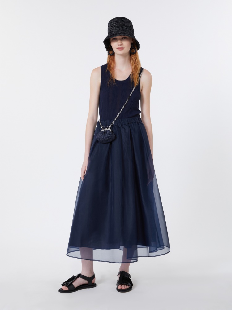 Pleated silk organza skirt - NAVY - 1