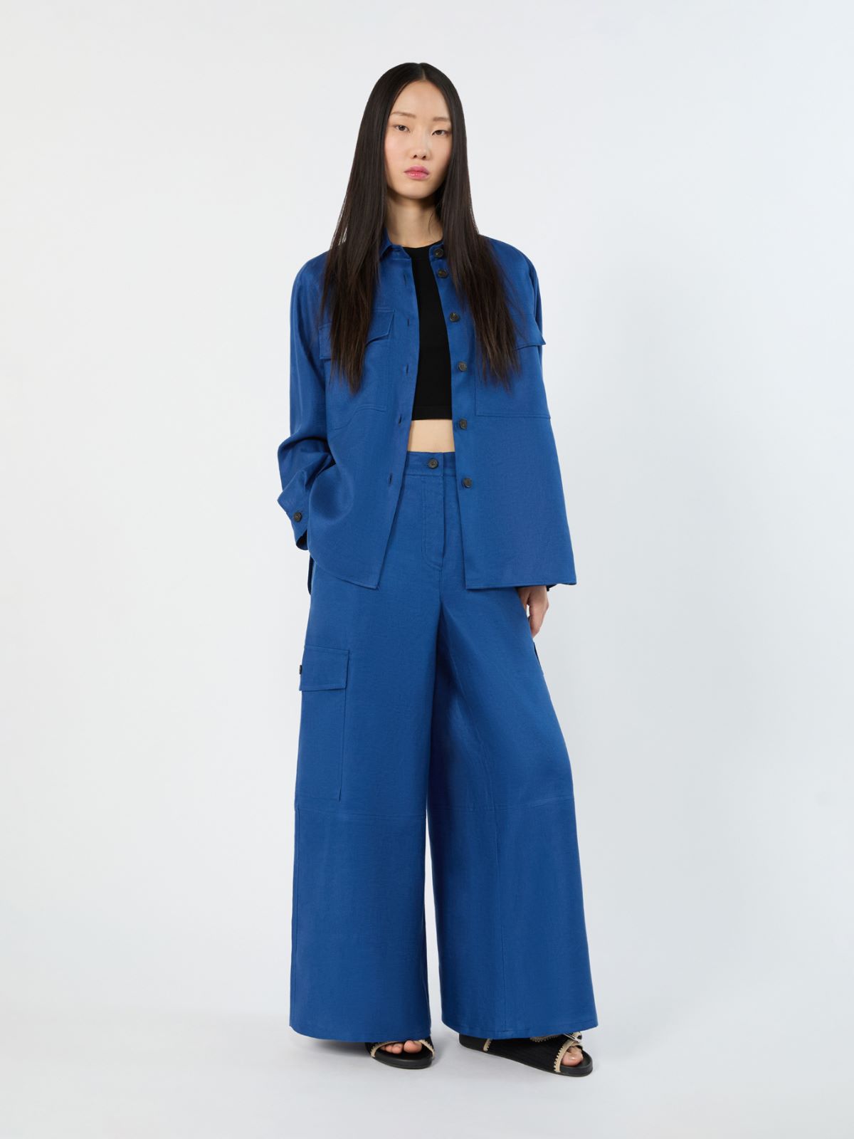 Linen gabardine cargo trousers + CORNFLOWER BLUE - Max Mara