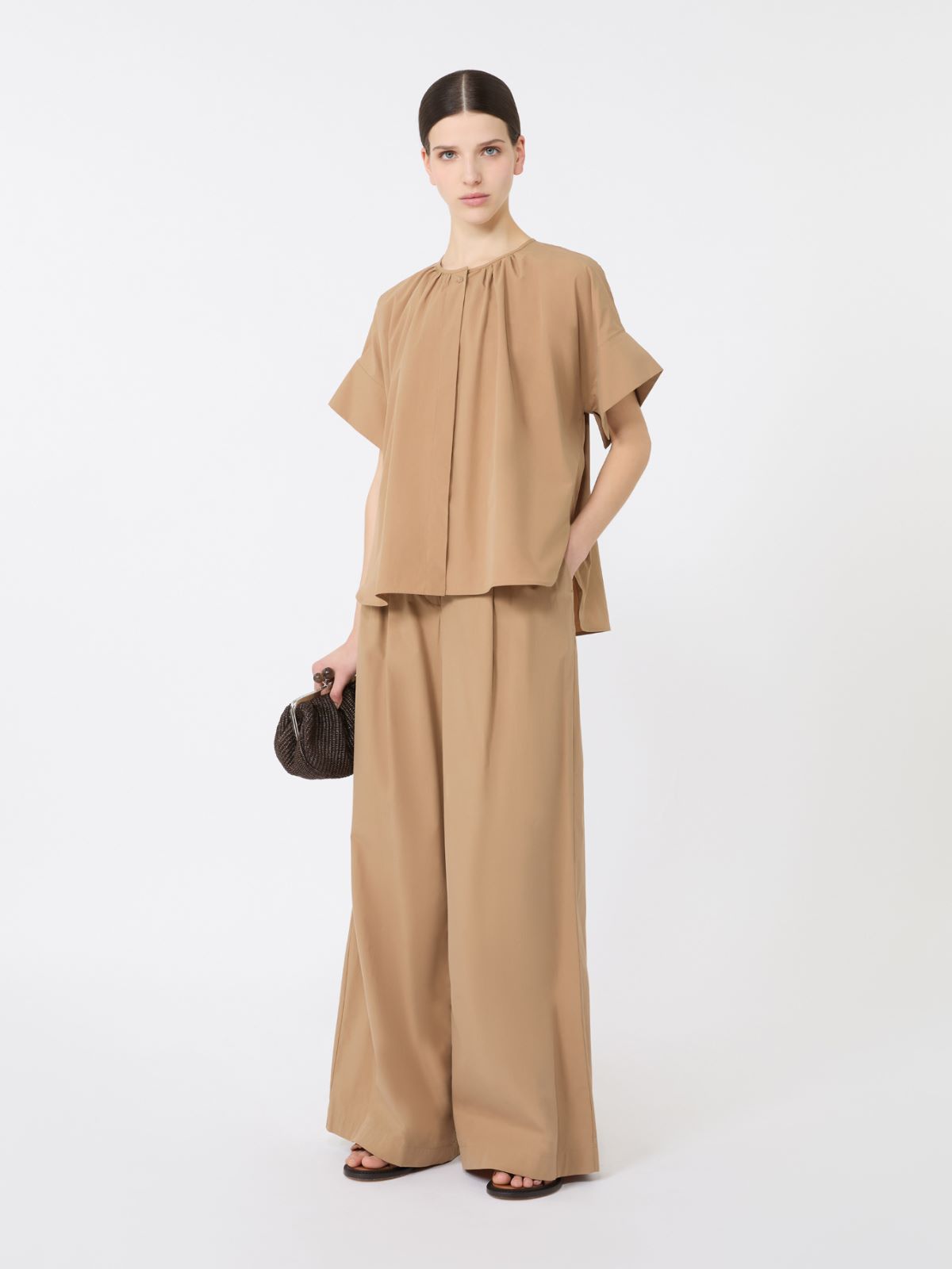 Wide-leg cotton poplin trousers - TOBACCO