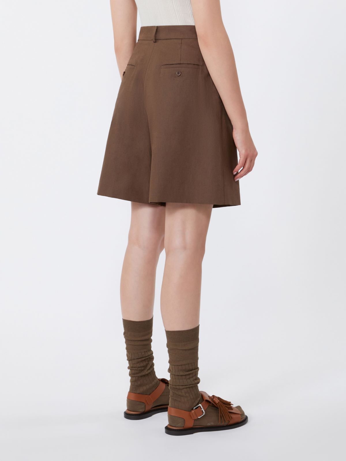 Cotton and linen canvas Bermuda shorts - CHOCOLATE - 3