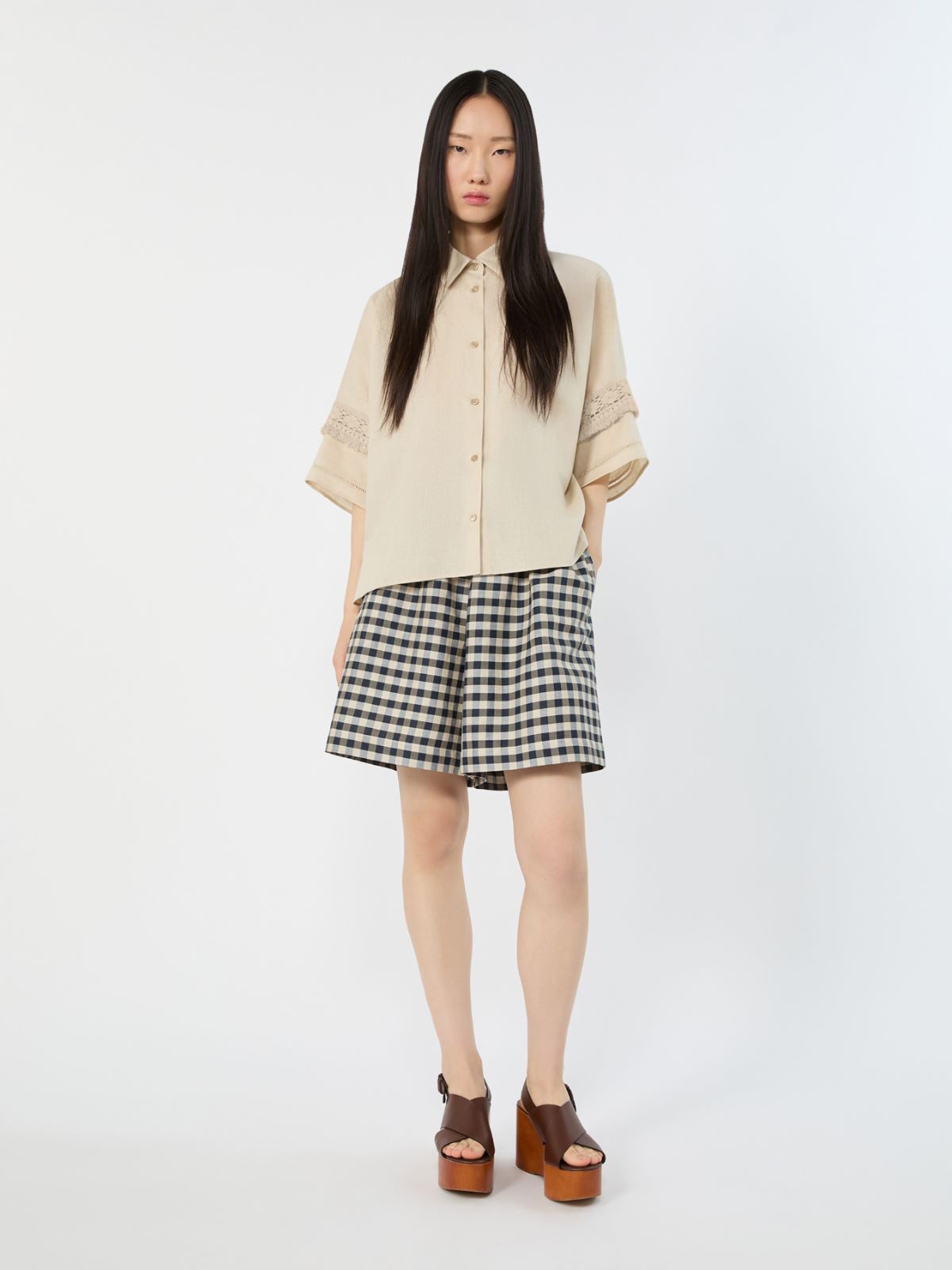 Vichy ramie and cotton Bermuda shorts - NAVY