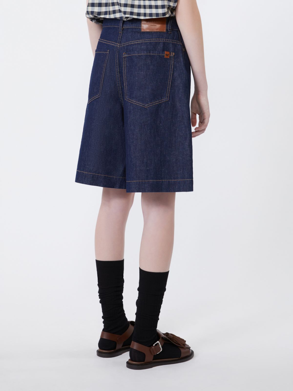 Cotton and linen denim Bermuda shorts - NAVY - Max Mara - 3