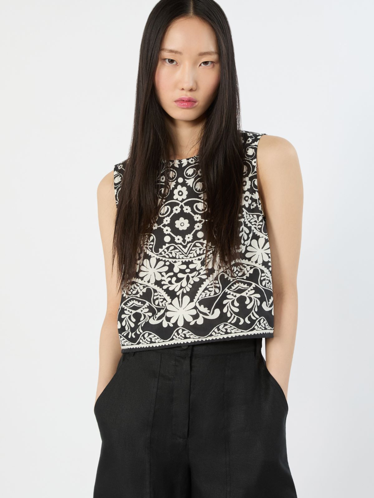 Printed cotton crop top - BLACK - 4