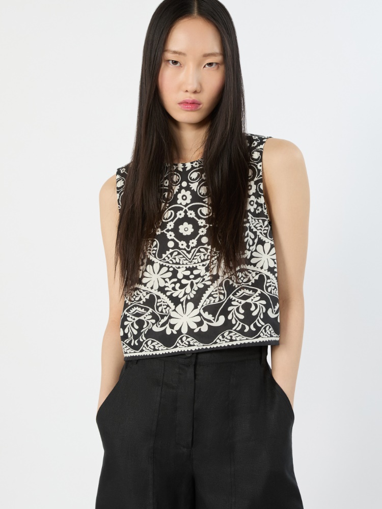 Printed cotton crop top - BLACK - 4