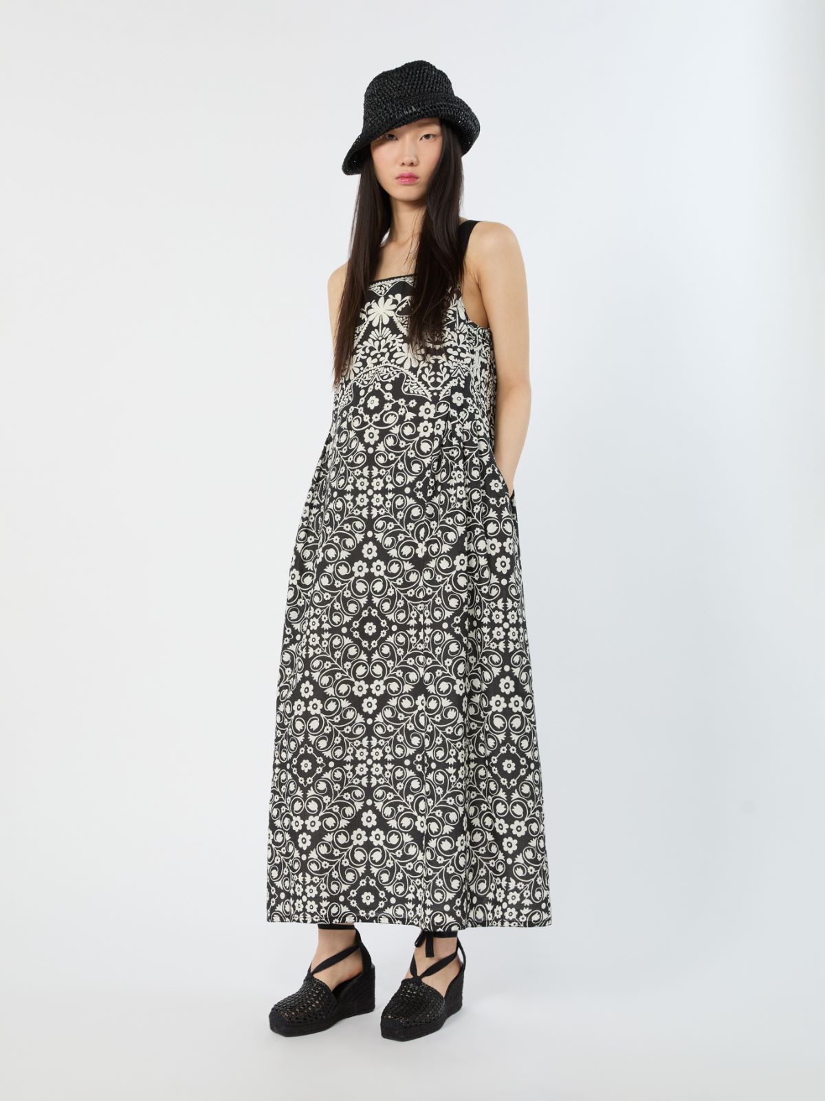 Printed cotton voile dress - BLACK