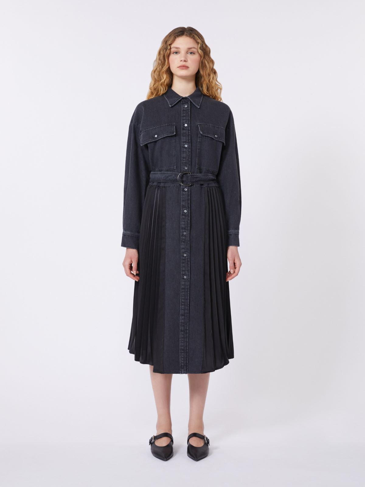 Denim and satin shirt dress - BLACK - Max Mara - 4